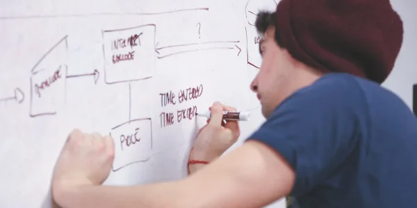 person drawing a blog outline flowchart on a whiteboard
