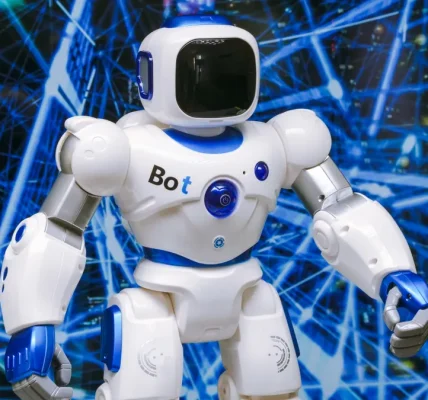 humanoid robot against digital network background