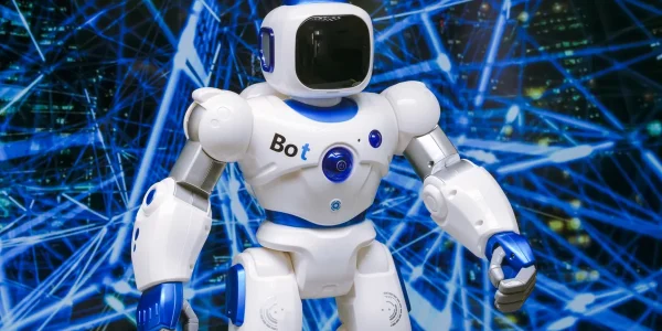 humanoid robot against digital network background